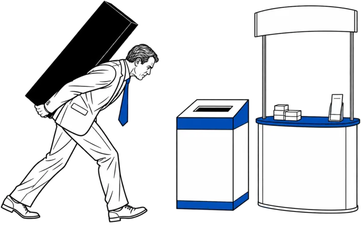 Un señor carga un monolito a la espalda hacia un punto de recogida junto a un stand
